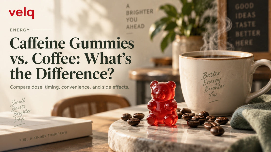 Caffeine Gummies vs. Coffee: What's the Difference? — Velq red gummy bear article cover