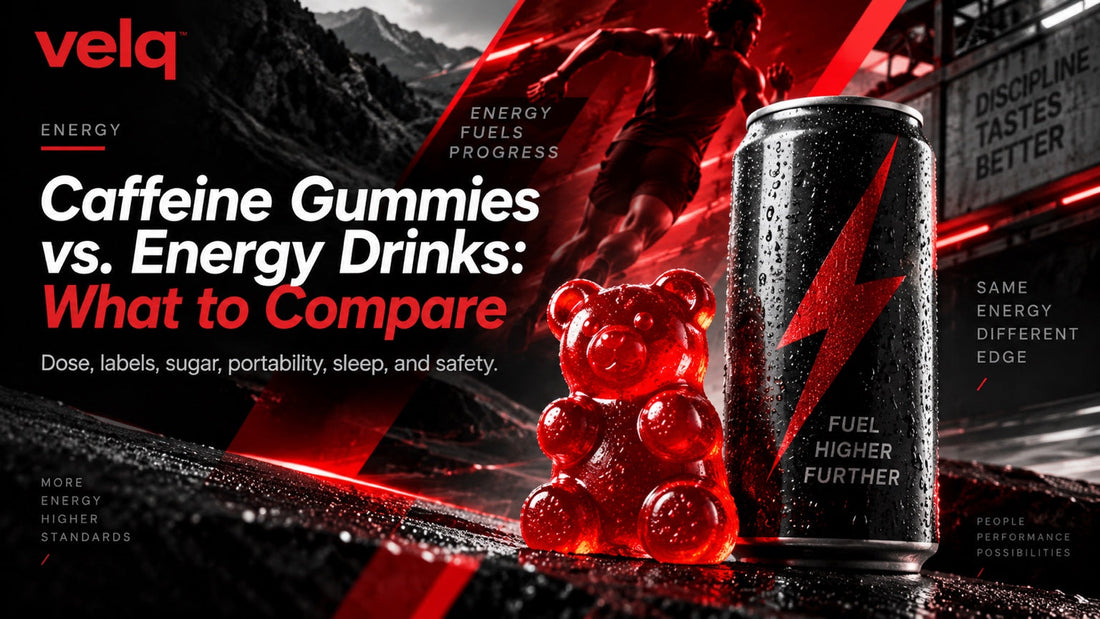 Caffeine Gummies vs. Energy Drinks: What to Compare — Velq red gummy bear article cover