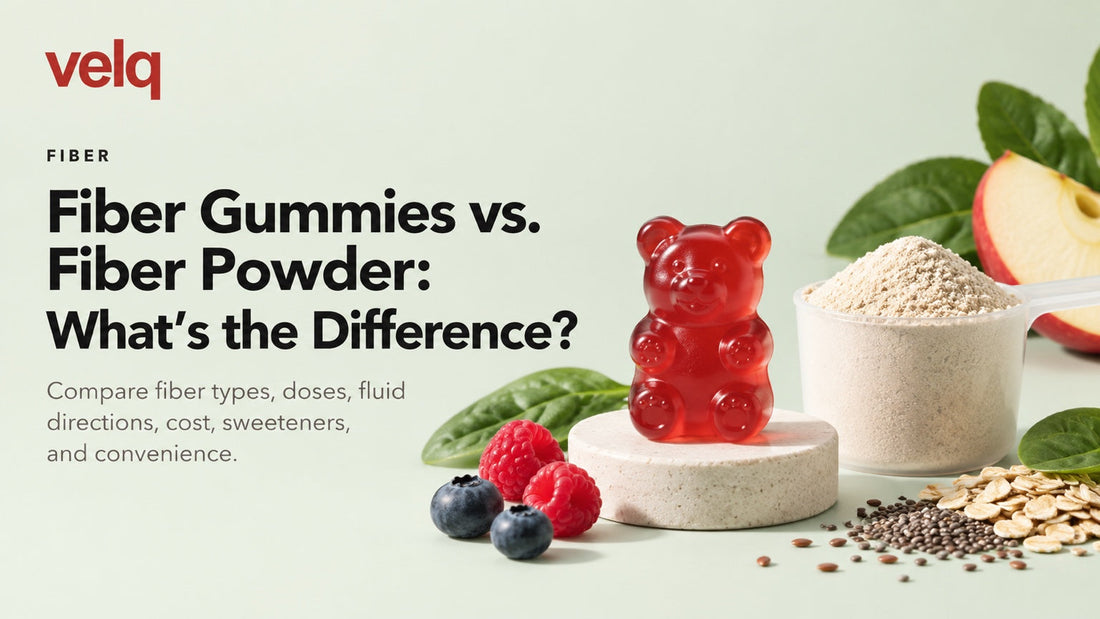 Fiber Gummies vs. Fiber Powder: What’s the Difference? — red Velq gummy bear beside fiber powder, fruit, oats, and seeds