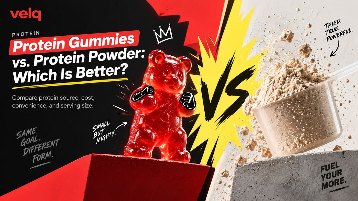 Protein Gummies vs. Protein Powder: Which Is Better? — Velq red gummy bear article cover