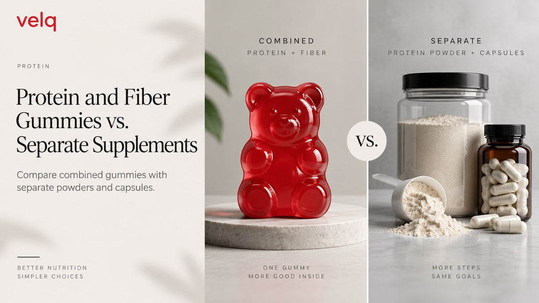 Protein and Fiber Gummies vs. Separate Supplements — Velq red gummy bear article cover